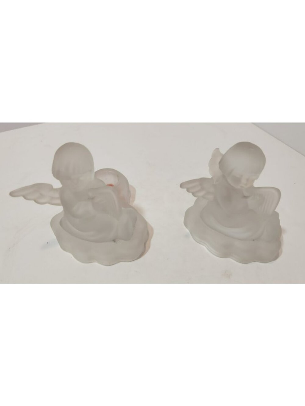 Pair of Avon 1995 Goebel Frosted Angel Harp Candlesticks 24% Lead Crystal